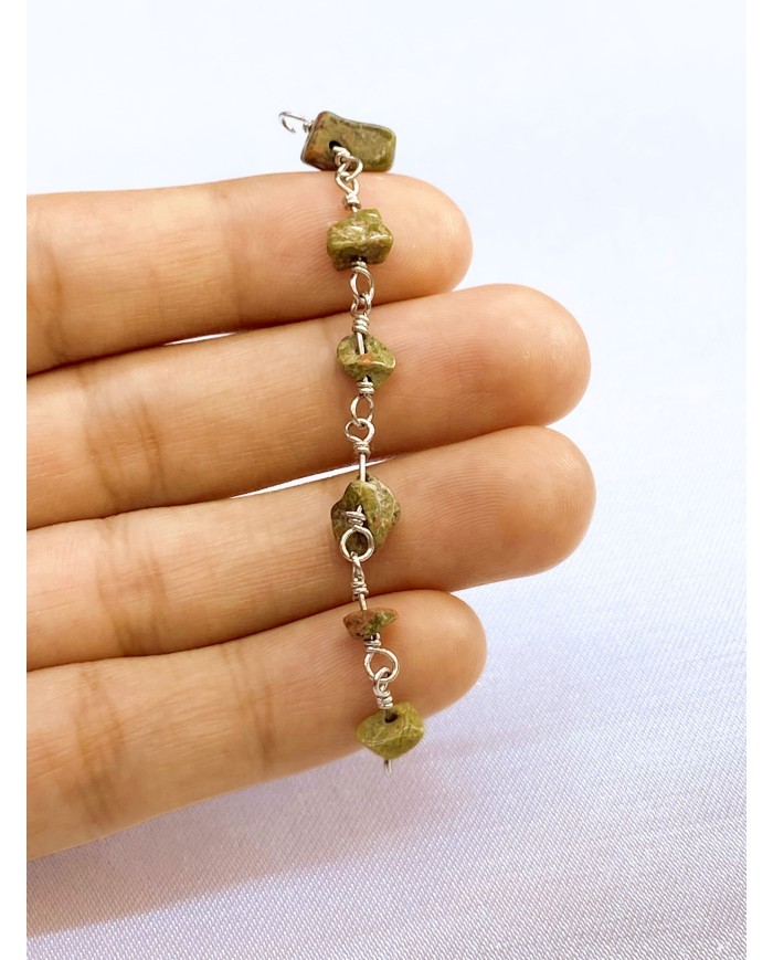 Doğal Kırık Taşlı Kuyumcu Zinciri Yeşil Tel Sarma 4mm - 1m