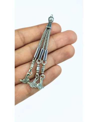 Zamak 3'lü Zincir Püsküllü Tuğra Uçlu Tesbih İmamesi Nikel